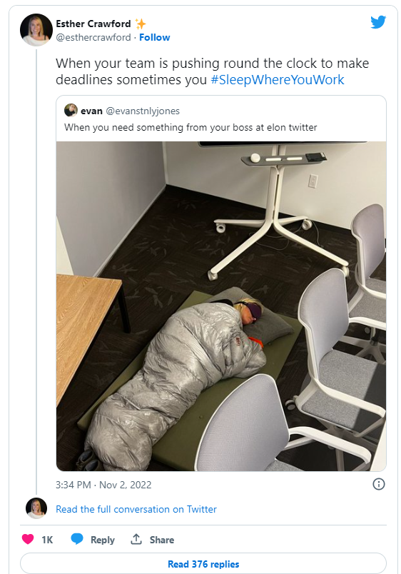 埃隆马斯克产生恐怖的竞争！推特网职工一天工作12钟头不必加班工资 晒睡公司图片